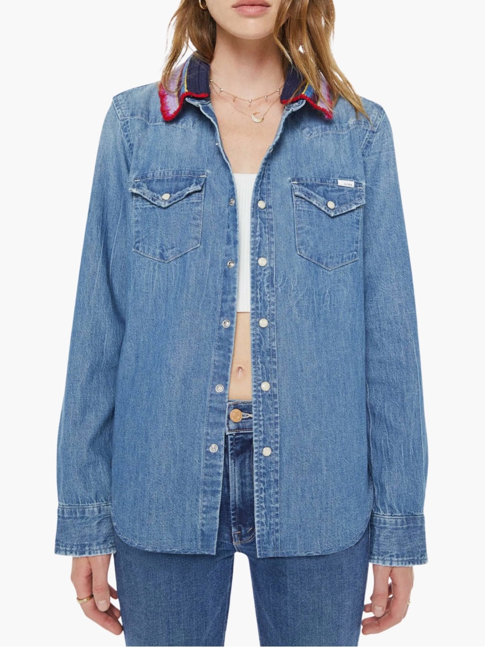 MOTHER The Collar Club Denim Shirt Jacket with Removable Crochet Collar New!